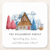 ヴィンテージウォーターカラークリスマスハウスファミリー スクエアペーパーコースター (正面)