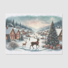 ヴィンテージウォーターカラークリスマスビレッジとトナカイ 薄葉紙