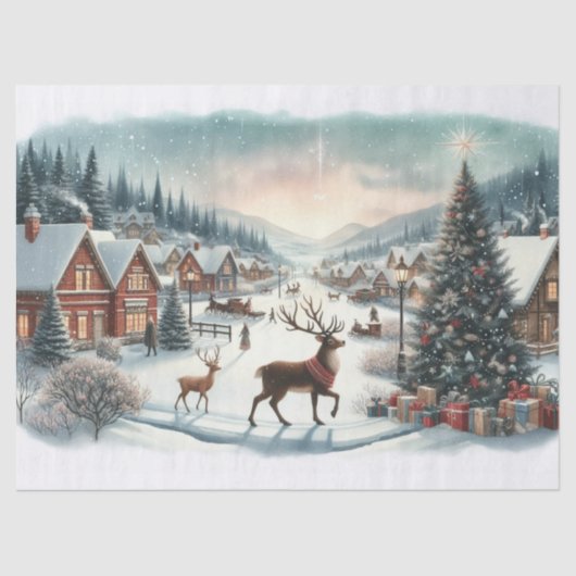 ヴィンテージウォーターカラークリスマスビレッジとトナカイ 薄葉紙 (正面)