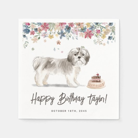 ヴィンテージウォーターカラーグレーシーズー（犬）Tzu誕生日 スタンダードカクテルナプキン (正面)