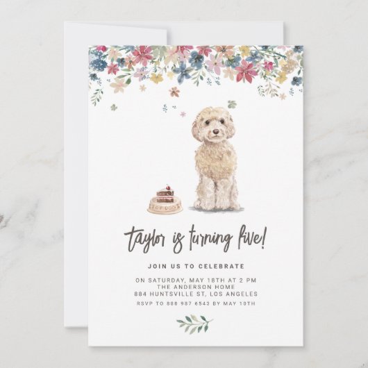 ヴィンテージウォーターカラーコックパプー犬の誕生日パーティー 招待状 (正面)
