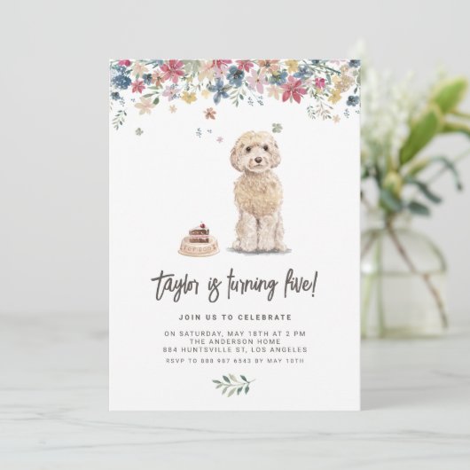 ヴィンテージウォーターカラーコックパプー犬の誕生日パーティー 招待状 (スタンド正面)