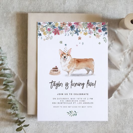 ヴィンテージウォーターカラーコルギドッグバースデーパーティー 招待状