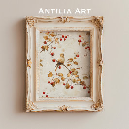 ヴィンテージウォーターカラーゴールデンバードオンレッドベリーブランチ ポスター