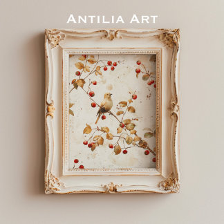 ヴィンテージウォーターカラーゴールデンバードオンレッドベリーブランチ ポスター