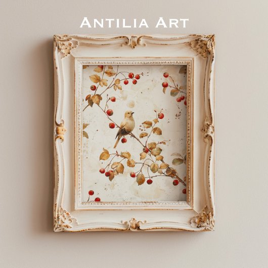 ヴィンテージウォーターカラーゴールデンバードオンレッドベリーブランチ ポスター