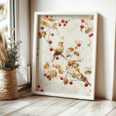 ヴィンテージウォーターカラーゴールデンバードオンレッドベリーブランチ ポスター