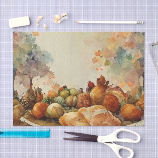 ヴィンテージウォーターカラーサンクスギビングターキーパンプキン 薄葉紙 (クラフト)