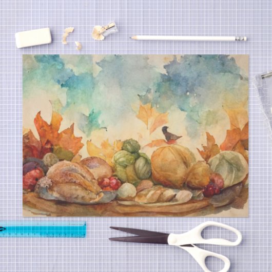 ヴィンテージウォーターカラーサンクスギビングターキーパンプキン 薄葉紙 (クラフト)