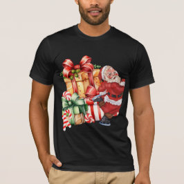 ヴィンテージウォーターカラーサンタのスケートクリスマス Tシャツ
