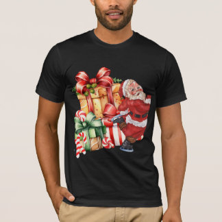 ヴィンテージウォーターカラーサンタのスケートクリスマス Tシャツ