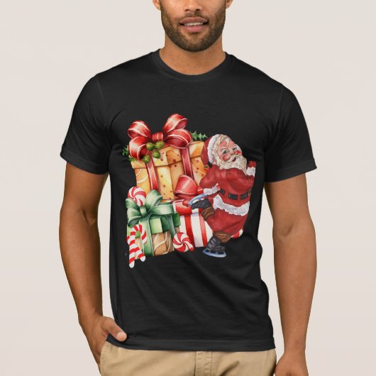 ヴィンテージウォーターカラーサンタのスケートクリスマス Tシャツ (正面)