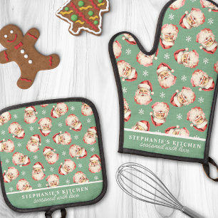 ヴィンテージウォーターカラーサンタグリーンクリスマスカスタム 鍋つかみ&鍋敷きセット