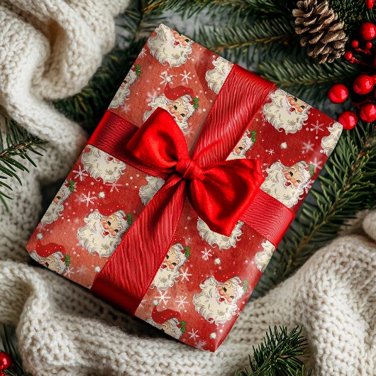 ヴィンテージウォーターカラーサンタレトロ ラッピングペーパー