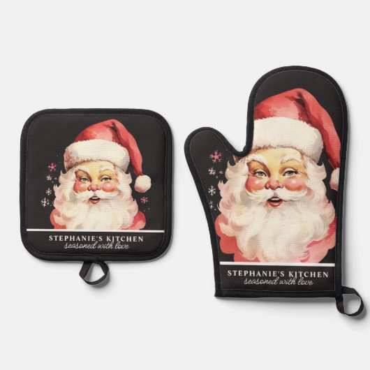 ヴィンテージウォーターカラーサンタ顔クリスマスカスタム 鍋つかみ&鍋敷きセット (正面)