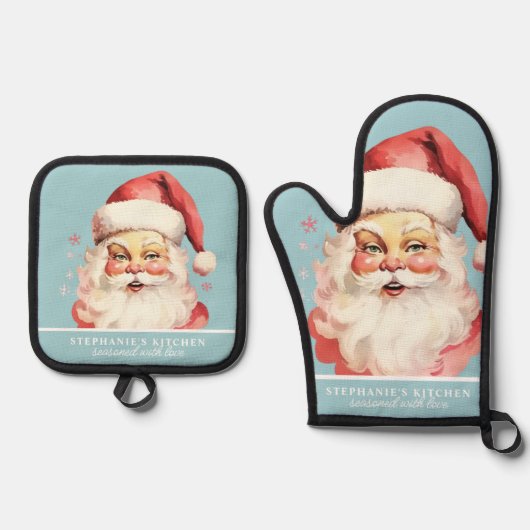 ヴィンテージウォーターカラーサンタ顔クリスマスカスタム 鍋つかみ&鍋敷きセット (正面)