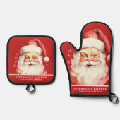 ヴィンテージウォーターカラーサンタ顔クリスマスカスタム 鍋つかみ&鍋敷きセット (正面)