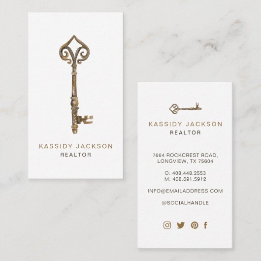 ヴィンテージウォーターカラースケルトン鍵実在エステートホワイト 名刺 (正面/裏面)