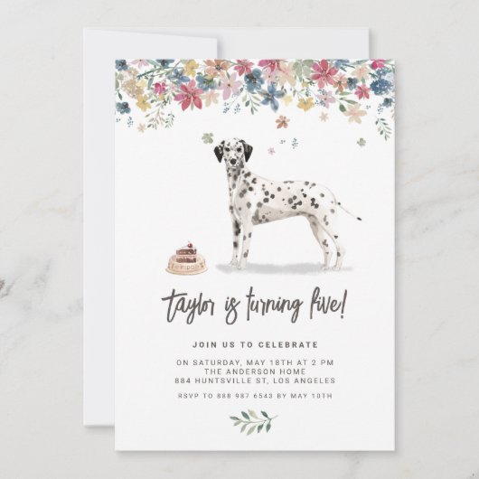 ヴィンテージウォーターカラーダルマティアンドッグバースデーパーティー 招待状 (正面)