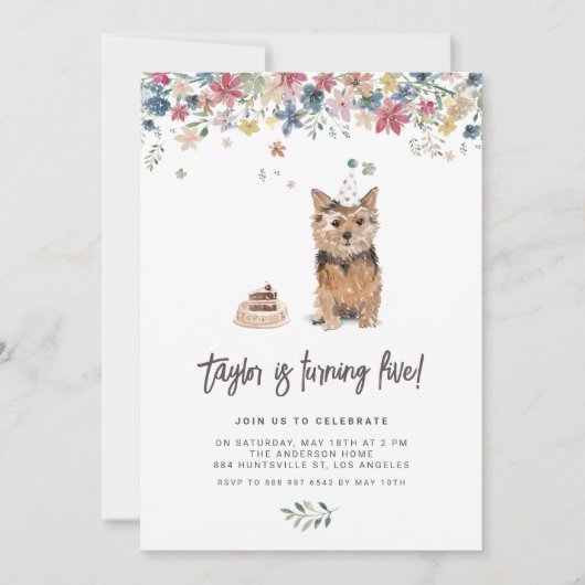 ヴィンテージウォーターカラーノーフォークテリアードッグ誕生日 招待状 (正面)
