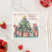 ヴィンテージウォーターカラーハッピーホリデーズクリスマスツリー スタンダードカクテルナプキン (インサイチュ)