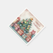 ヴィンテージウォーターカラーハッピーホリデーズクリスマスツリー スタンダードカクテルナプキン (角)