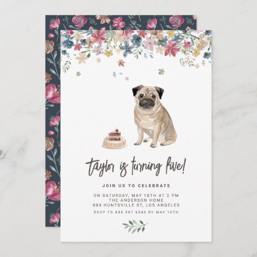 ヴィンテージウォーターカラーパグドッグ誕生日パーティー 招待状 (正面/裏面)