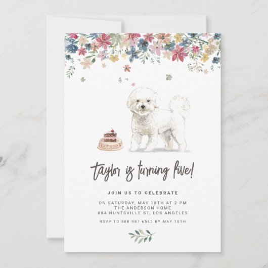 ヴィンテージウォーターカラービコンフリースドッグ誕生日パーティー 招待状 (正面)