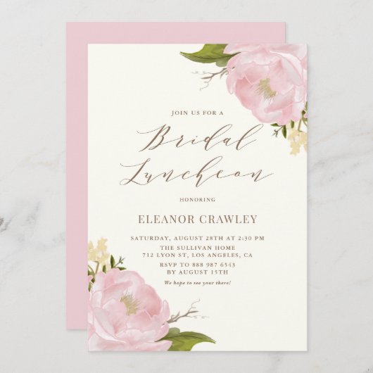 ヴィンテージウォーターカラーピンクペオニーブライダルルンチョン 招待状 (正面/裏面)