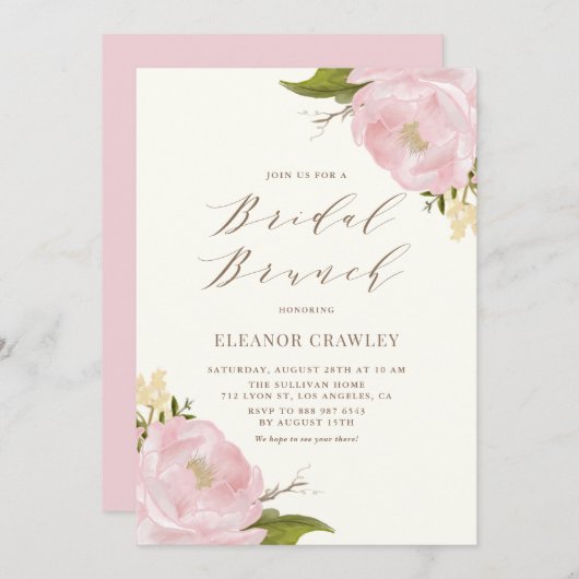 ヴィンテージウォーターカラーピンク牡丹ブライダルブランチ 招待状 (正面/裏面)