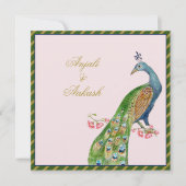 ヴィンテージウォーターカラーピーコックインディアン結婚ズ 招待状 (正面)