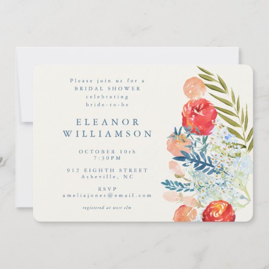ヴィンテージウォーターカラーフローラガーデンブライダルシャワー 招待状 (正面)
