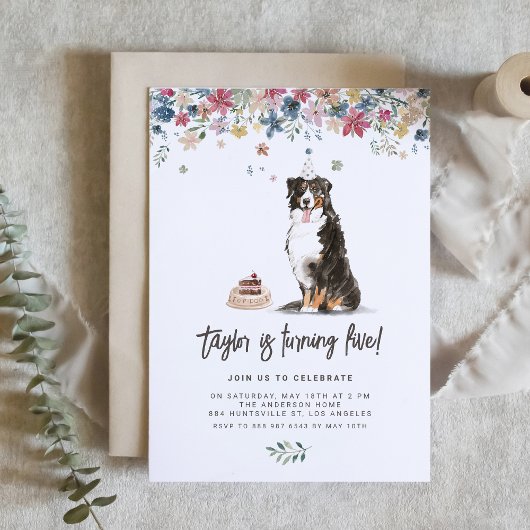 ヴィンテージウォーターカラーベルネーズマウンテンドッグ誕生日 招待状