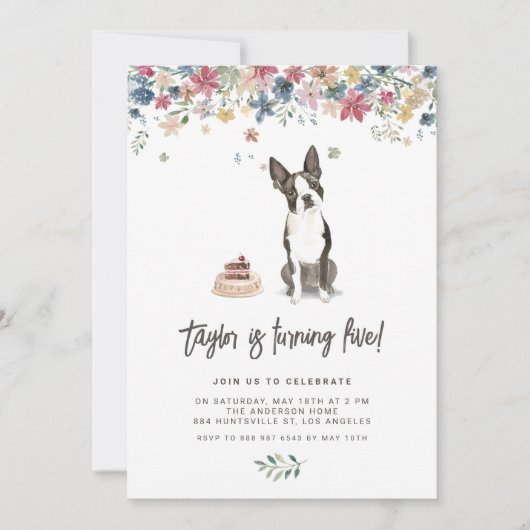 ヴィンテージウォーターカラーボストンテリアードッグ誕生日 招待状 (正面)