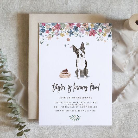 ヴィンテージウォーターカラーボストンテリアードッグ誕生日 招待状