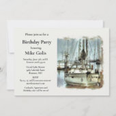 ヴィンテージウォーターカラーボートメンズ誕生日 招待状 (正面)