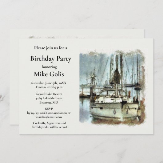 ヴィンテージウォーターカラーボートメンズ誕生日 招待状 (正面/裏面)
