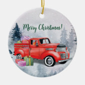 ヴィンテージウォーターカラーレッドクリスマスホリデートラック セラミックオーナメント (正面)
