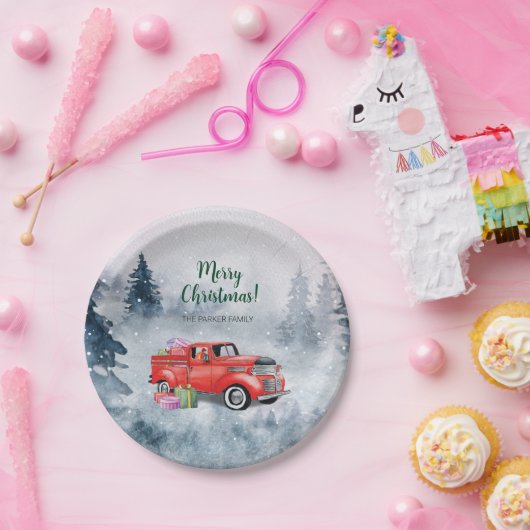 ヴィンテージウォーターカラーレッドクリスマスホリデートラック ペーパープレート (パーティー)
