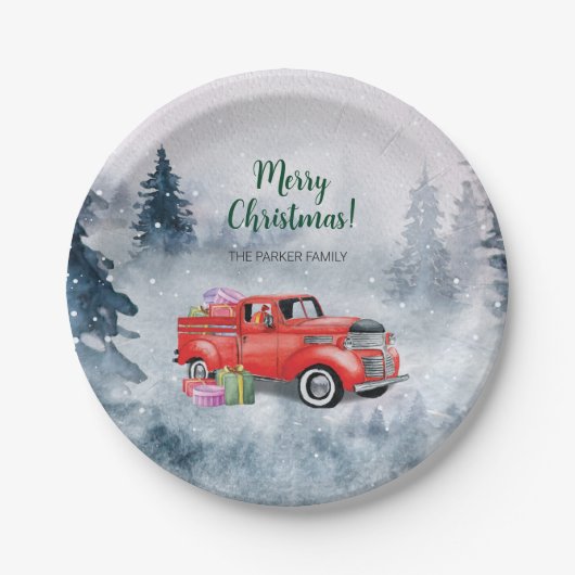 ヴィンテージウォーターカラーレッドクリスマスホリデートラック ペーパープレート (正面)