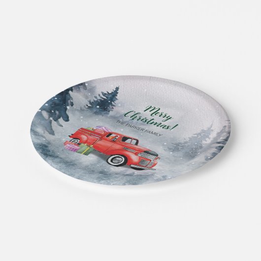ヴィンテージウォーターカラーレッドクリスマスホリデートラック ペーパープレート (アングル)