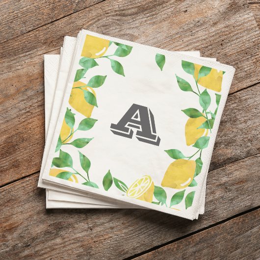 ヴィンテージウォーターカラーレモンイニシャルカクテルナプキンス スタンダードカクテルナプキン