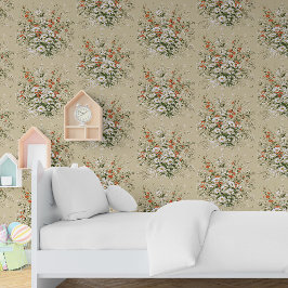 ヴィンテージウォーターカラーワイルドフラワーデイジーブーケベージュ 壁紙