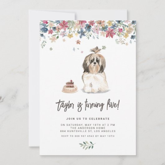 ヴィンテージウォーター色シーズー(犬)都犬バースデーパーティー 招待状 (正面)