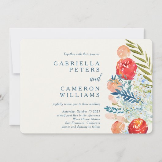 ヴィンテージウォーター色花模様ボホ庭園の結婚式 招待状 (正面)