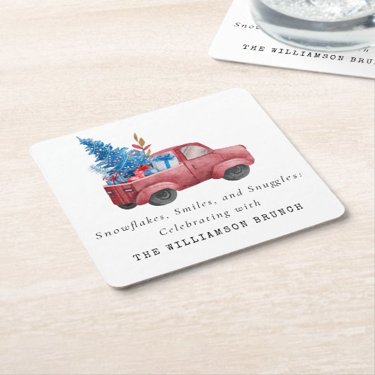 ヴィンテージウオータカラークリスマストラックパーソナライズされた スクエアペーパーコースター (アングル)
