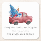 ヴィンテージウオータカラークリスマストラックパーソナライズされた スクエアペーパーコースター (正面)