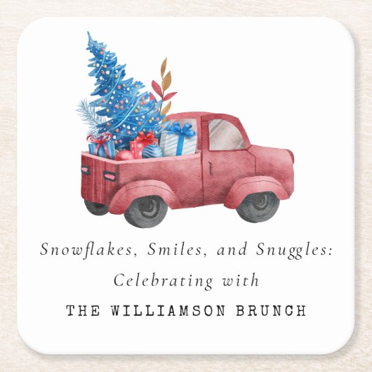 ヴィンテージウオータカラークリスマストラックパーソナライズされた スクエアペーパーコースター (正面)