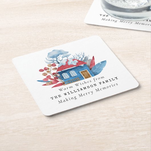 ヴィンテージウオータカラークリスマスハパーソナライズされたウス スクエアペーパーコースター (アングル)