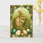 ヴィンテージウサギとイースターエッグ編集可能 カード (黄色い花)